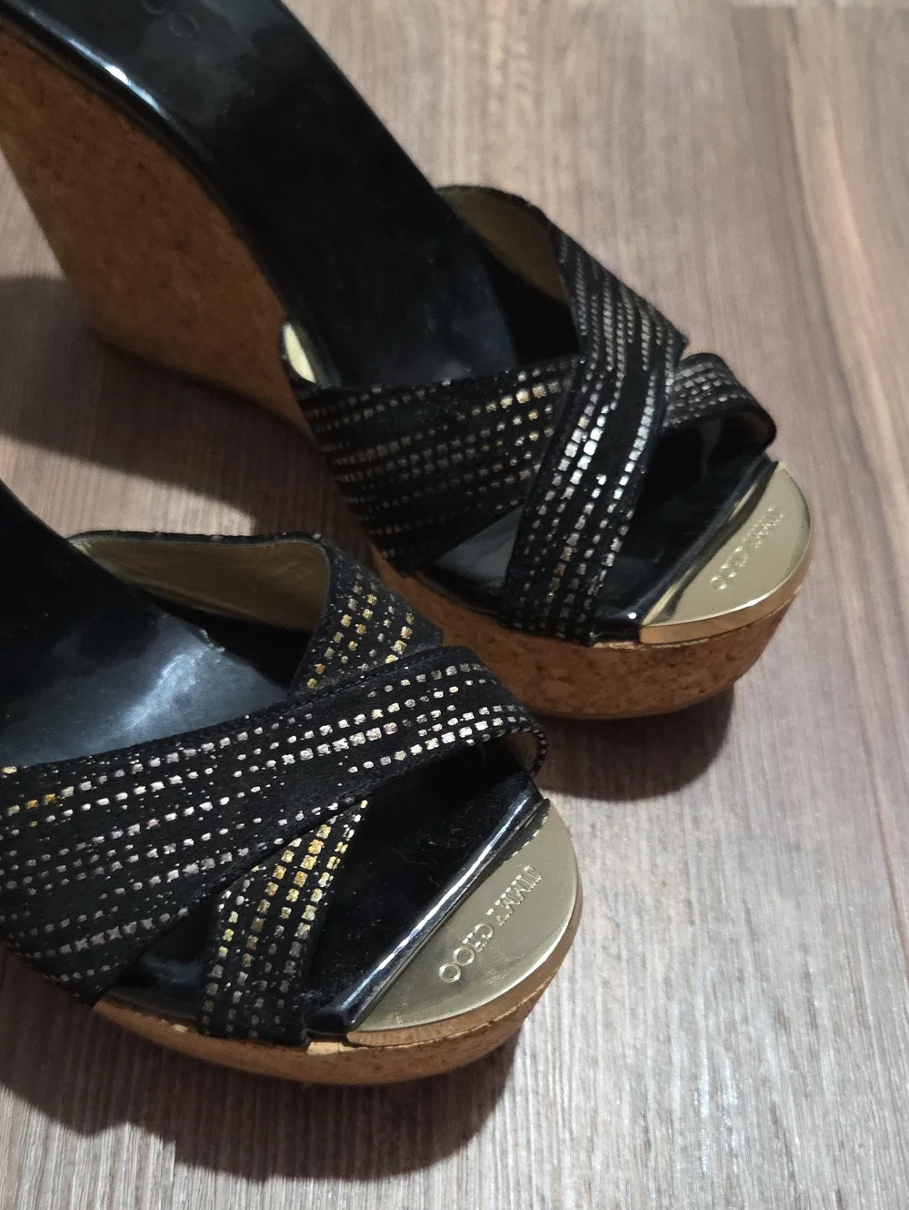 Jimmy Choo Black Cork Wedge Sandals with Metallic Accents